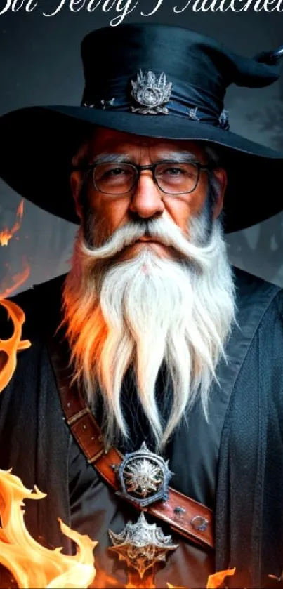 Mystical wizard with fire and dark background.