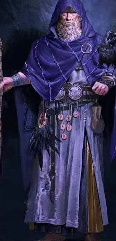 Wizard in purple cloak with raven and staff on dark background.