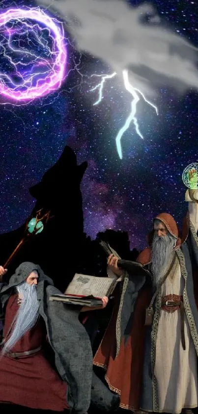 Wizards casting spells under a cosmic night sky with lightning.