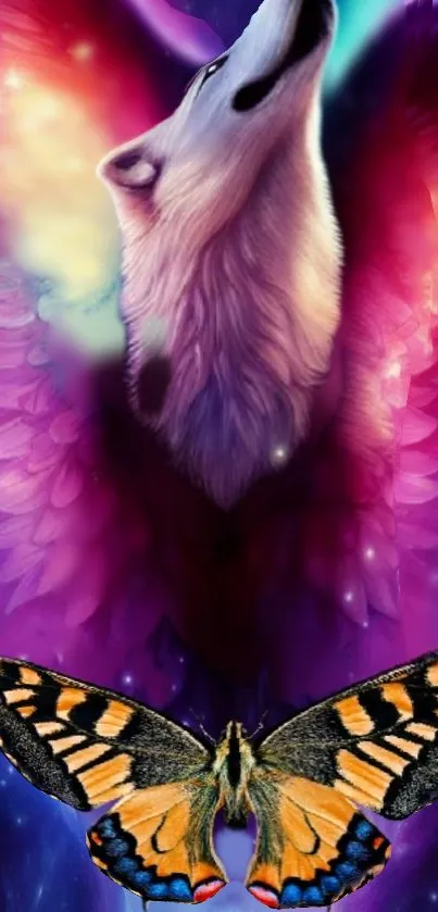 Mystical wolf with butterfly in vibrant violet hues on mobile wallpaper.