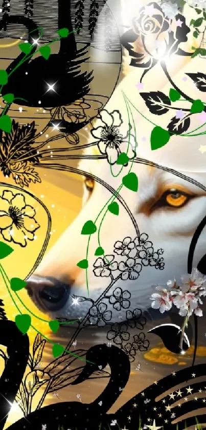 Mystical wolf abstract art with floral and wildlife elements.