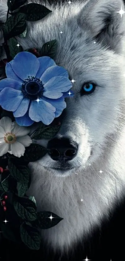 White wolf with blue flower in eye-catching mobile wallpaper.