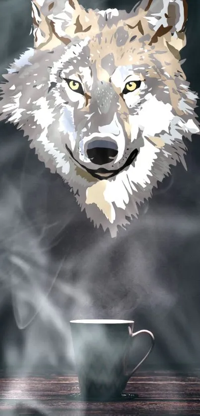 Illustrative wolf face above steaming coffee.