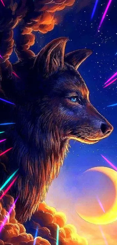 A mystical wolf gazes at a crescent moon in a cosmic starry night sky.