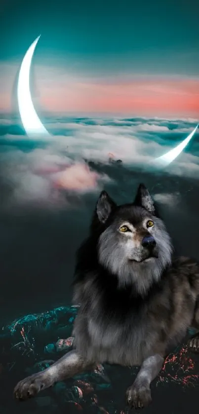 Majestic wolf with crescent moon backdrop over a mystical sky.