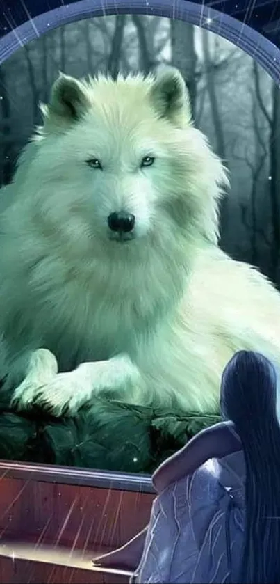 Fantasy wallpaper with white wolf in a mystical window scene at night.