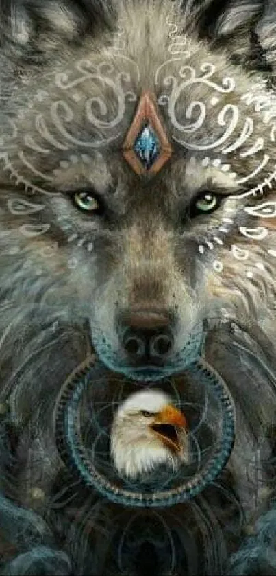 Mystical wolf and eagle art wallpaper with intricate designs.