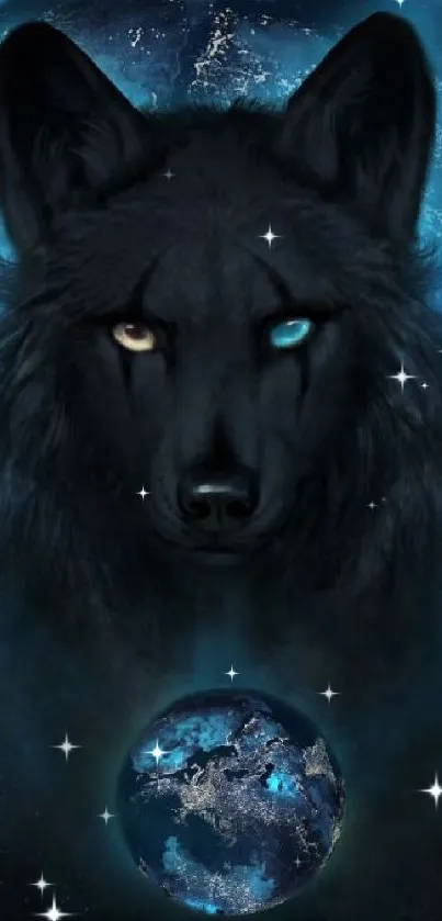 Mystical wolf with heterochromatic eyes and Earth in a cosmic background.