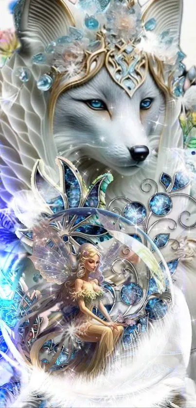 Mystical wolf and fairy with intricate designs in fantasy art style.