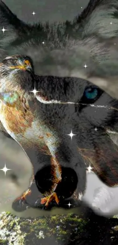 Mystical fusion of a wolf and falcon with stars in the background.