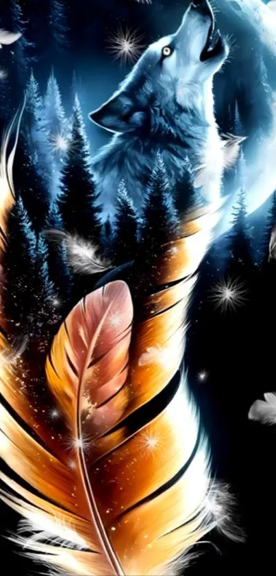 A wolf howling at the moon beside a large colorful feather, with a starlit sky.