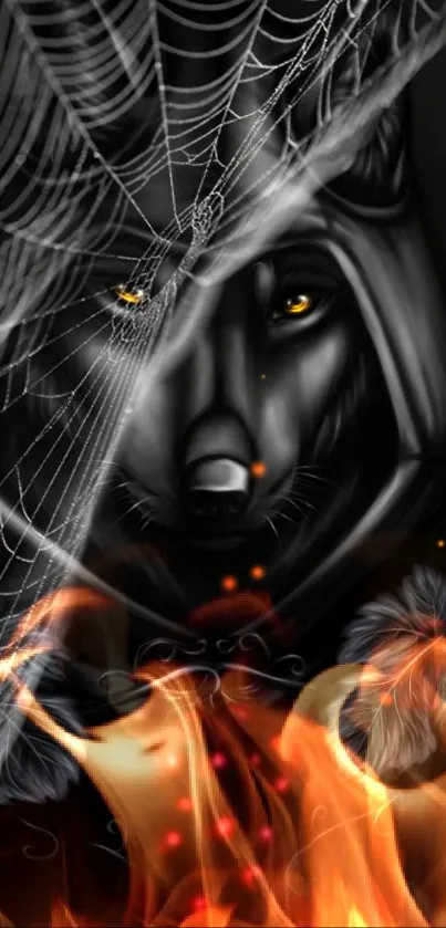 Mystical wolf with flames and spider webs in dark background wallpaper.