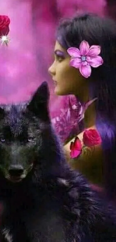 Mystical mobile wallpaper with a wolf and vibrant flowers.