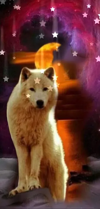 Mystical wolf in a purple galaxy with stars.