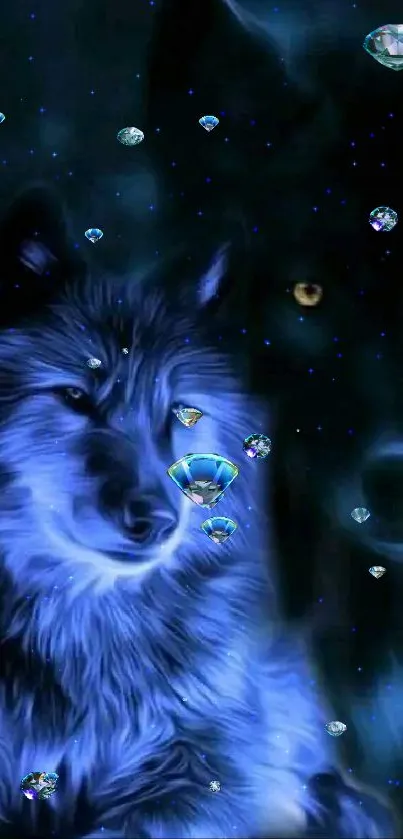 Mystical blue wolves and sparkling gems wallpaper.