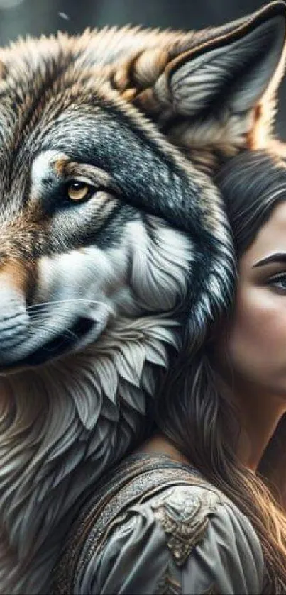 Mystical wallpaper with a wolf and girl in a dreamy forest.