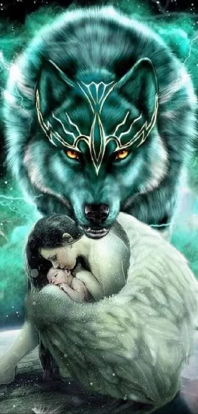 Mystical wolf and guardian angel in cosmic setting.