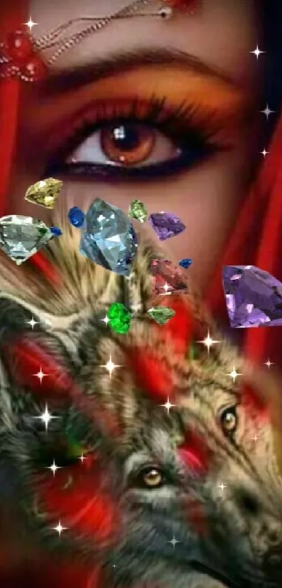 Mystical wolf and eye surrounded by bright red and sparkling jewels.