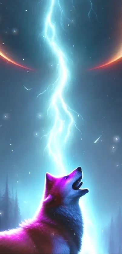 A mystical wolf howls at a lightning bolt under a vibrant moonlit sky.