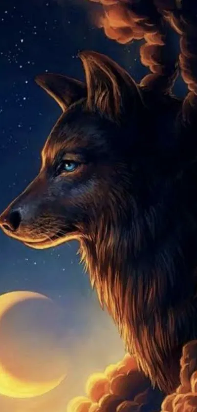 Mystical wolf with crescent moon in starry sky wallpaper.