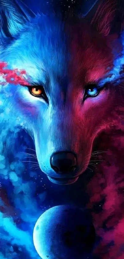 Mystical wolf face with cosmic backdrop.