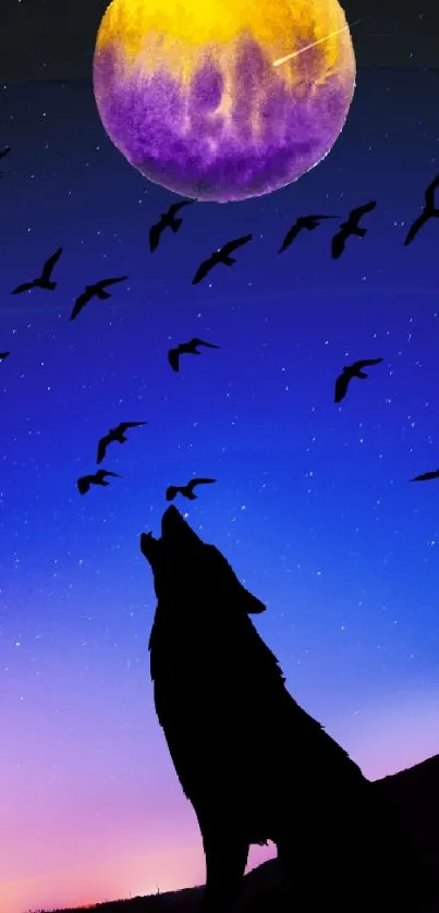 Silhouette of a wolf under a vibrant purple moon with flying birds.