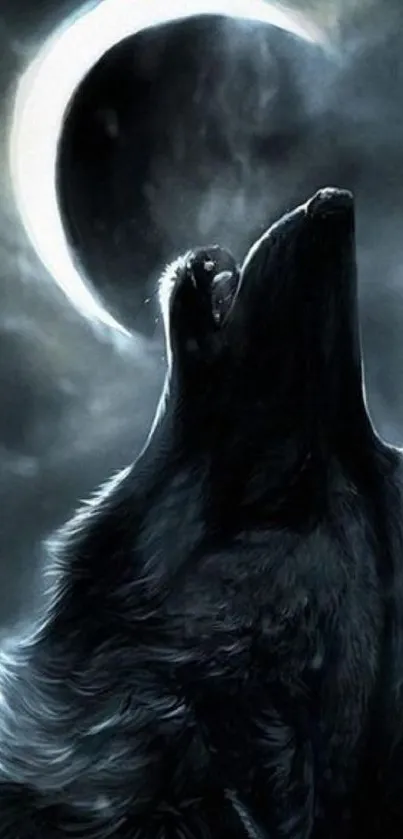 Mystical wolf howling at crescent moon in dark fantasy scene.