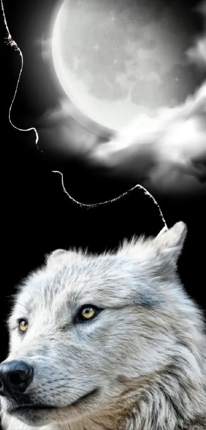 Artwork of a wolf under a bright full moon with clouds in a night sky.