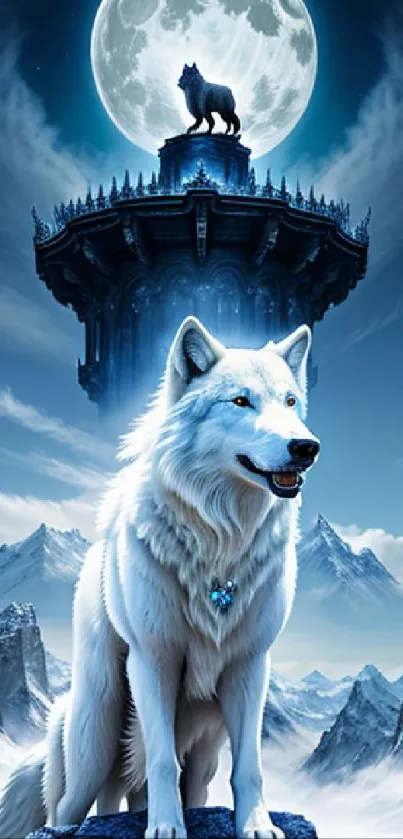 White wolf in front of a glowing full moon with icy mountains in the background.