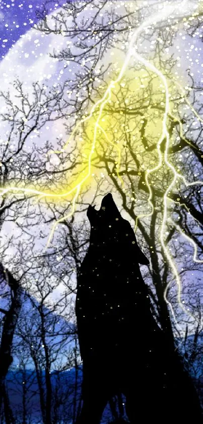 Mystical wolf silhouette against moonlit night with vibrant colors.