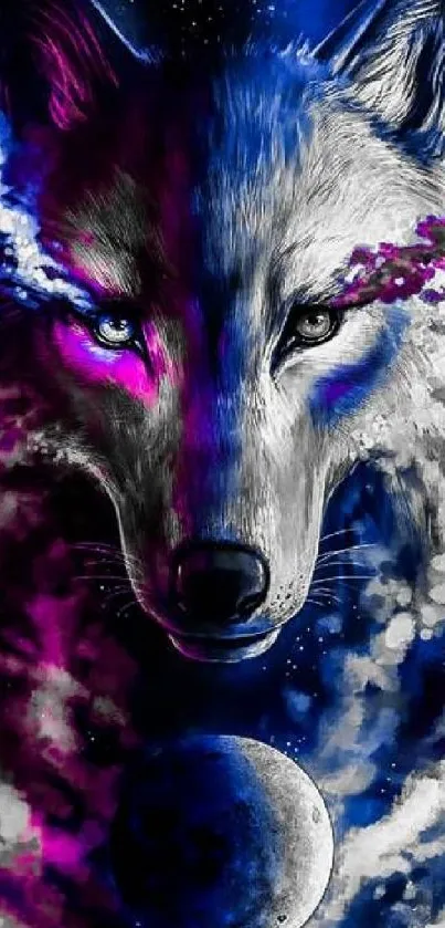 Mystical wolf art with cosmic purple and blue tones, featuring a moon.