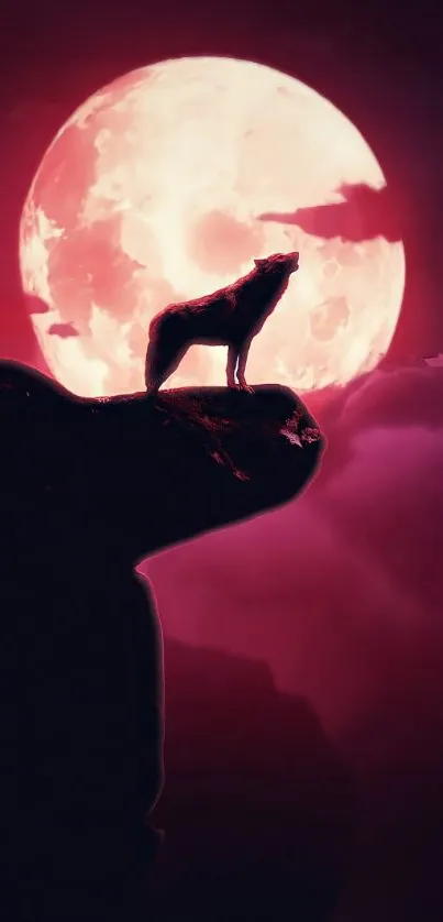 Wolf silhouette against a crimson moon on a mystical background.