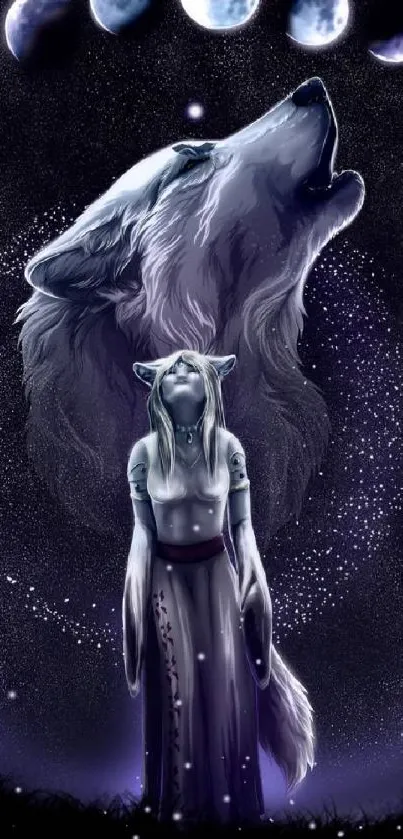 Mystical wolf and moon wallpaper with celestial and ethereal themes.