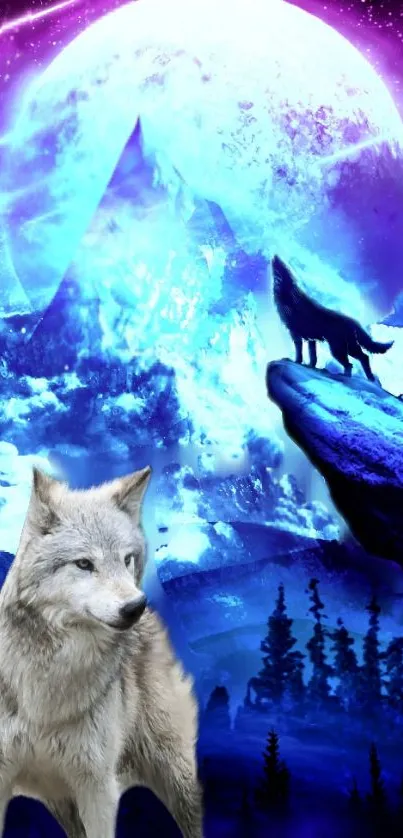 Mystical wolves howling under a vibrant purple moon on a mountain.