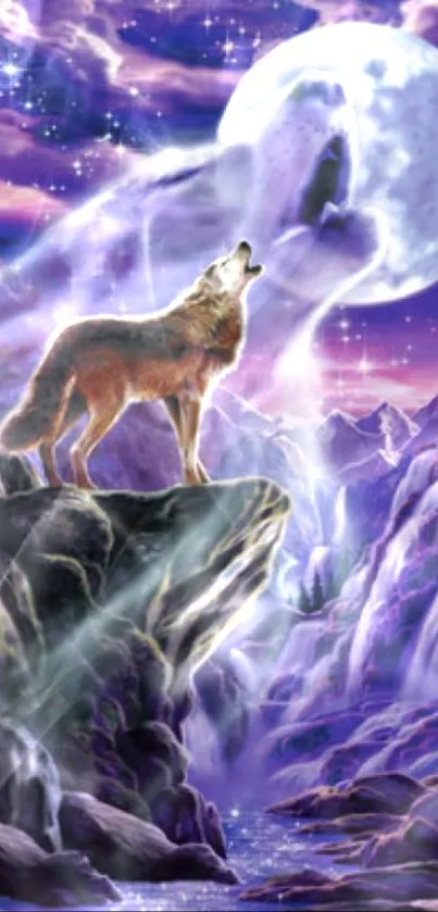 Wolf howling at moon in mystical purple landscape.