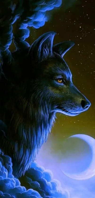 Mystical wolf and moon in dark blue night scene.