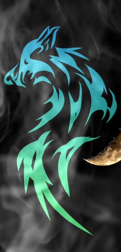 Mystical blue wolf with crescent moon on a smoky black background.