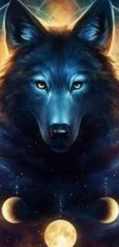 Mystical wolf with vibrant blue hues and moon phases in the background.