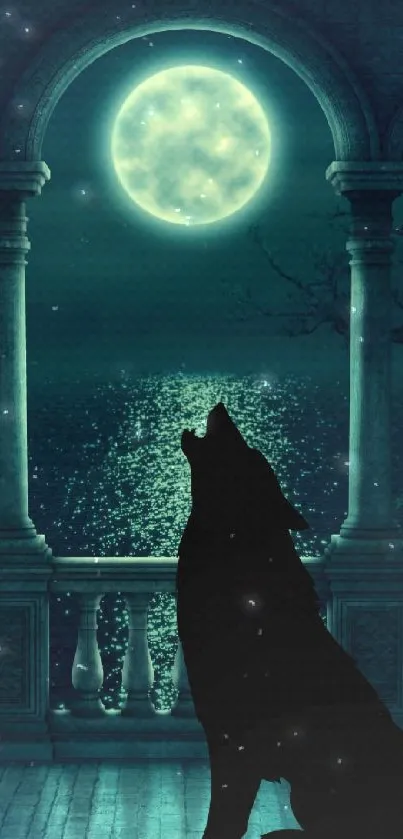 Wolf silhouette howling at the full moon with red roses in the foreground.