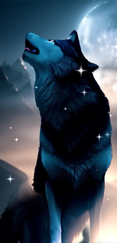 A mystical wolf howling at the moon beneath a starry night sky backdrop.