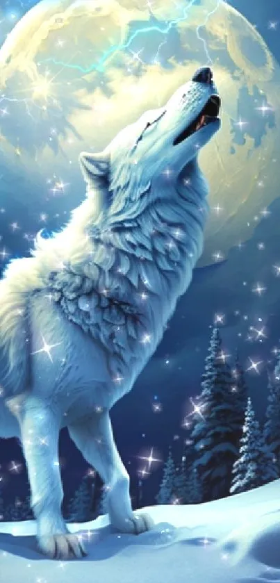 Enchanting wolf howling under a magical moonlit sky with stars and snow.