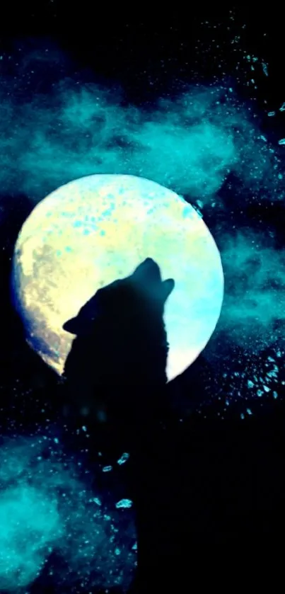 Silhouette of a howling wolf against a blue moon and night sky.