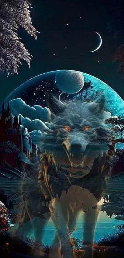 Mystical wolf with glowing eyes under a crescent moon in a fantasy landscape.