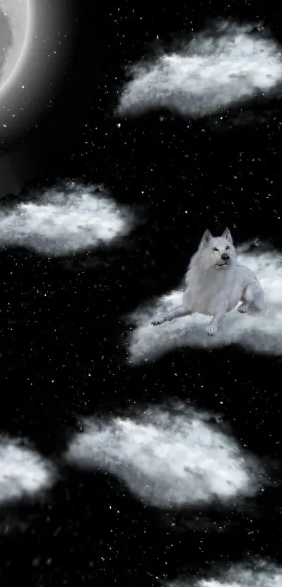 White wolf resting on clouds beneath a glowing moon in a starry night sky.