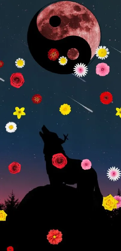 Wolf howling under yin-yang moon in starry dark sky wallpaper.