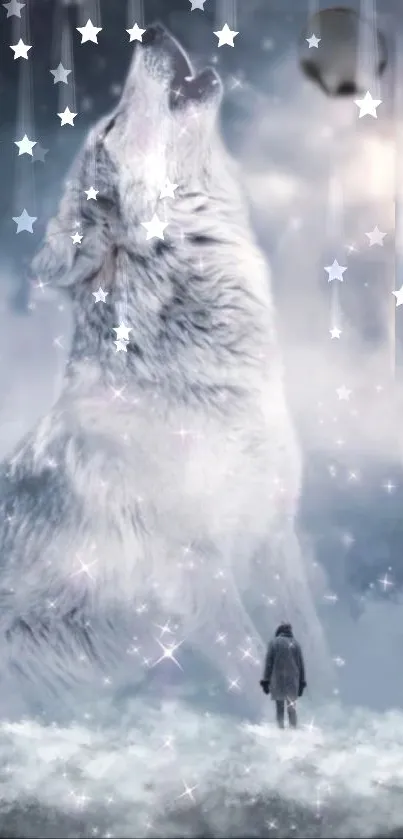 Mystical image of a wolf beneath the moon with clouds and stars.