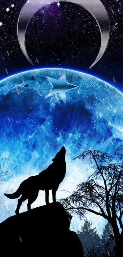 Silhouette of a wolf howling at a bright moon under a starry sky.