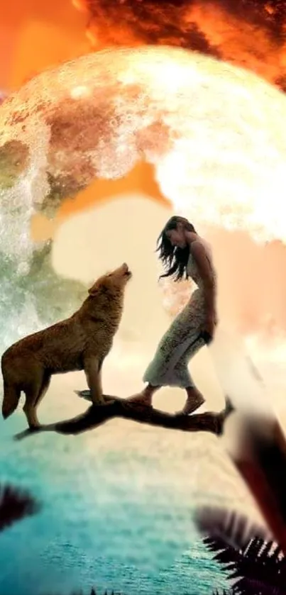 Wolf moon scene with mystical aura in vivid colors.