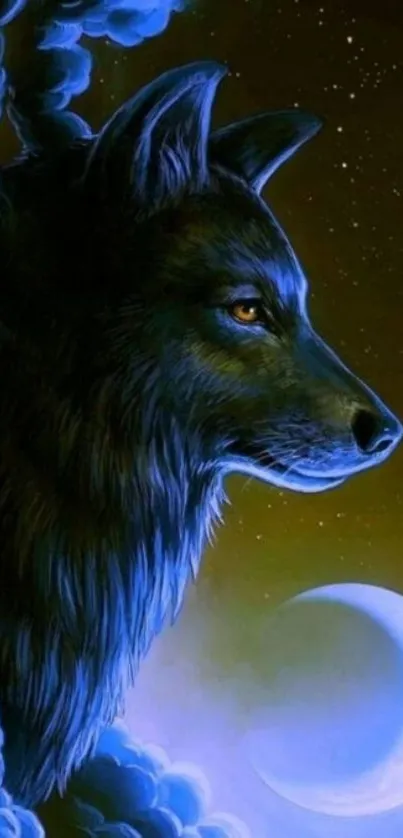 Mystical dark blue wolf with crescent moon.