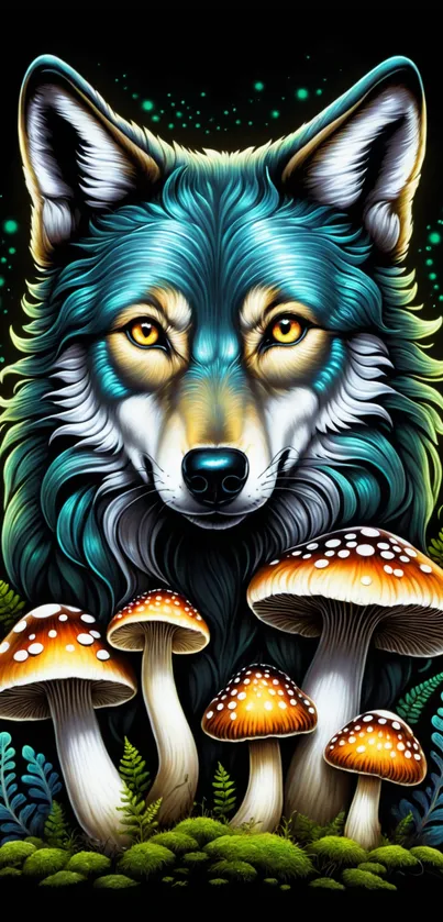 Artistic wolf with mushrooms in fantasy scene.